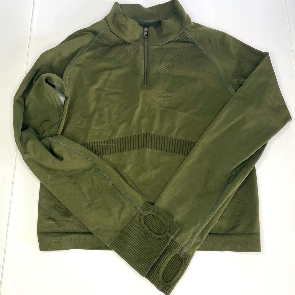 Pink active sport long sleeve half zip & thumb holes M / L olive green top